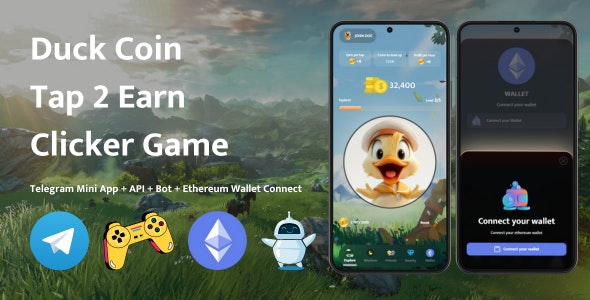 Duck Coin Tap-2-Earn Clicker Game With Telegram Mini App + API + Bot + Ethereum Wallet Connect