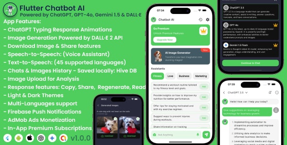 Flutter Chatbot AI – Powered by ChatGPT, GPT-4o & Gemini 1.5 | Image Generator | Voice Assistant [Extended Version] 1.0.1