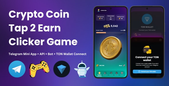 Crypto Coin Tap-2-Earn Clicker Game With Telegram Mini App + API + Bot + TON Wallet Connect