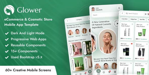 Glower – eCommerce & Cosmetic Store Mobile App Template ( Bootstrap + PWA )