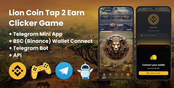 Lion Coin Tap-2-Earn Clicker Game With Telegram Mini App + API + Bot + BSC (Binance) Wallet Connect